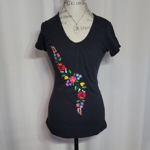 Hungarian Floral Embroidered Black Top